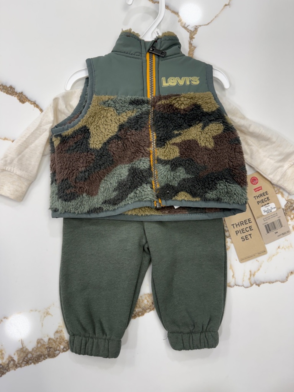 Levi's Cream Graphic Top with Olive Green Sherpa Vest & Joggers